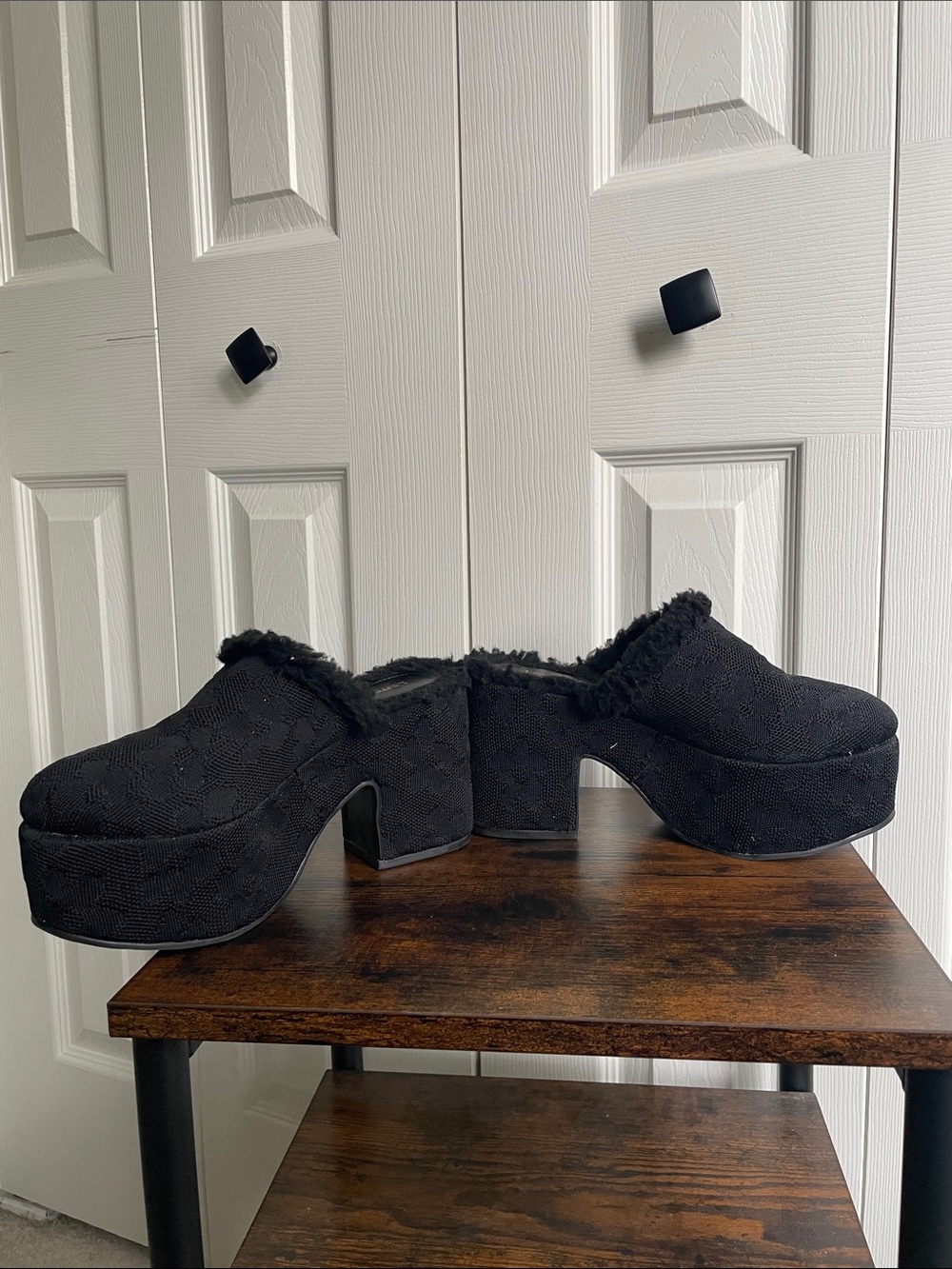 Larroude 7 Black Chunky Platform Mules knit